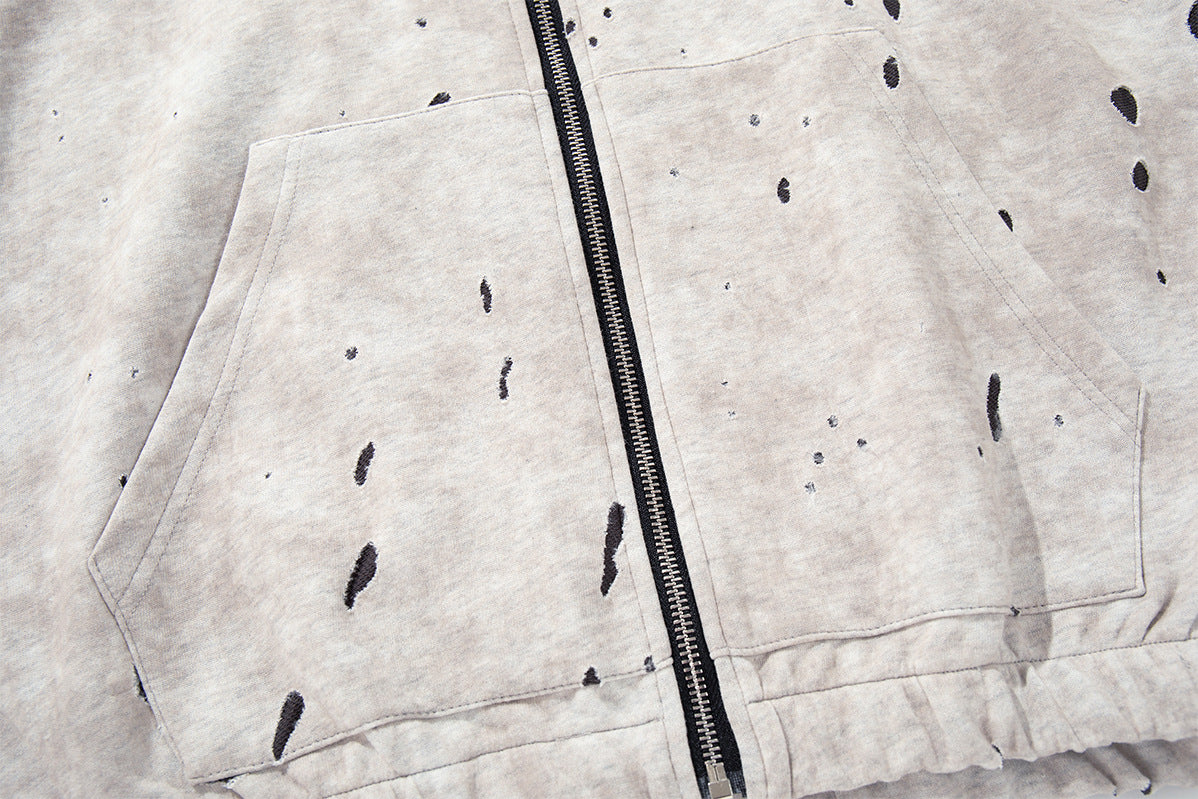 Gray Zip Up Hoodie – Washed Distressed Graffiti Graphic Zip-Front Streetwear
