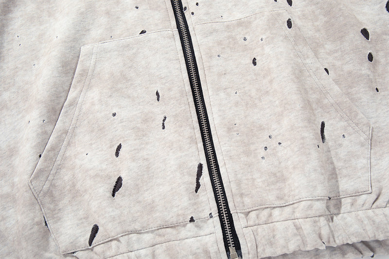 Gray Zip Up Hoodie – Washed Distressed Graffiti Graphic Zip-Front Streetwear