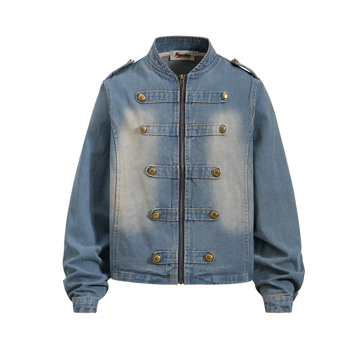 Military-Style Washed Denim Jacket – Stand Collar, Double-Breasted Button Detail
