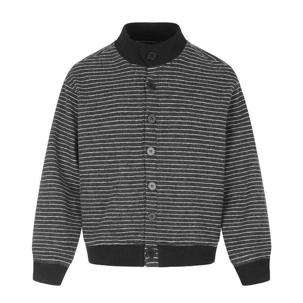 Men's relaxed-fit horizontal stripe stand-collar bomber jacket with button-front closure in charcoal black
