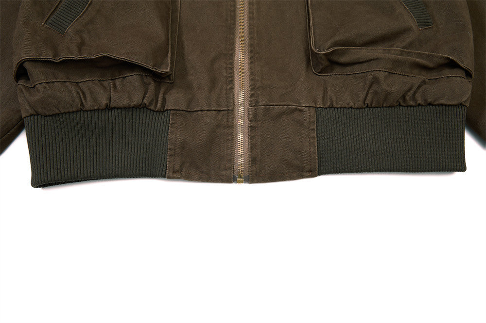 Washed Cargo Bomber Jacket – Men's Oversized Stand Collar with Double Chest Zips
