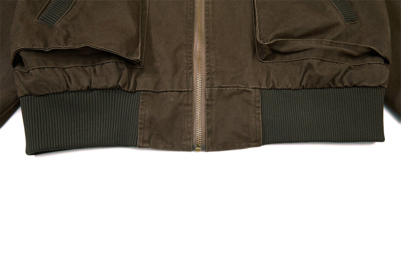Washed Cargo Bomber Jacket – Men's Oversized Stand Collar with Double Chest Zips