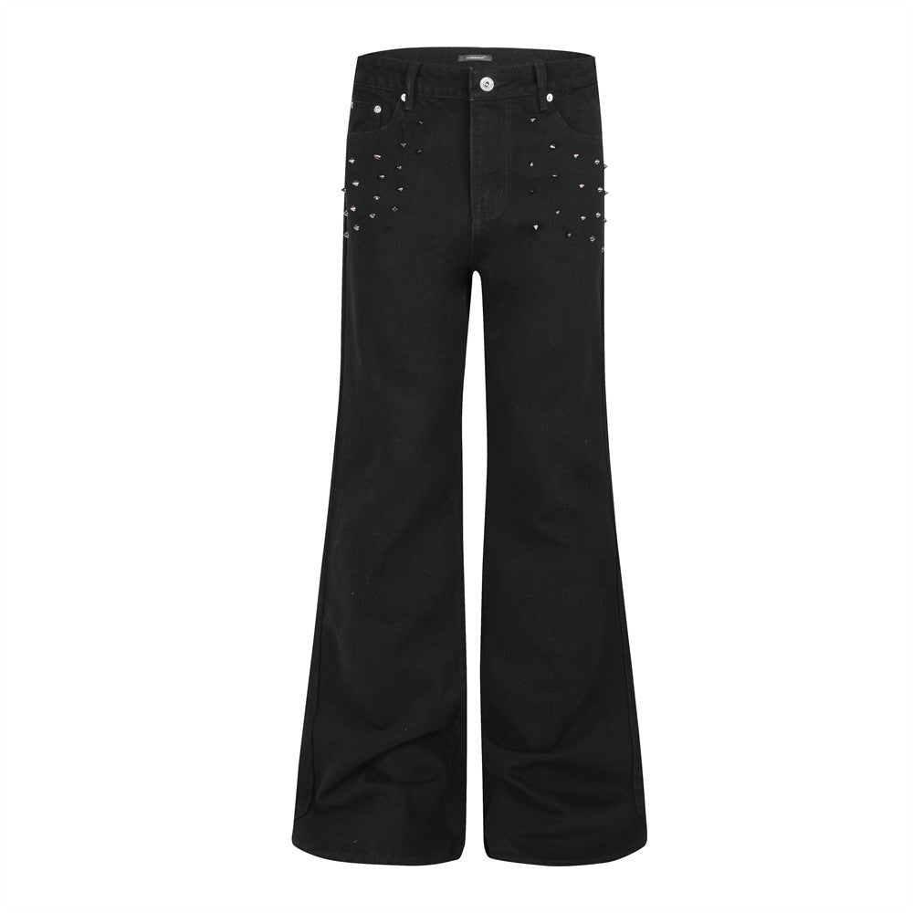 Schwarze Nieten-Wide-Leg-Flare-Jeans für Herren – Retro-Hippie-Denim