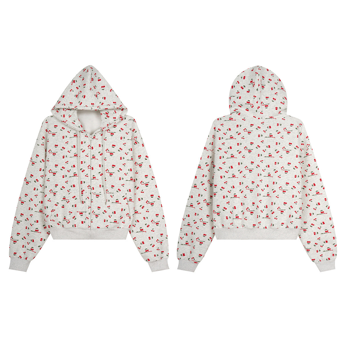 Cherry Print Zip-Up Hoodie & Wide-Leg Sweatpants Set – Heather Grey Floral