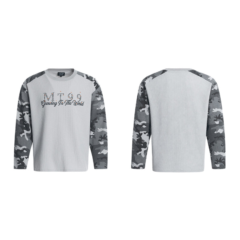 MT99 Raglan-Langarmshirt aus Waffelstrick mit Camouflage – graues Urban-Streetwear-Top