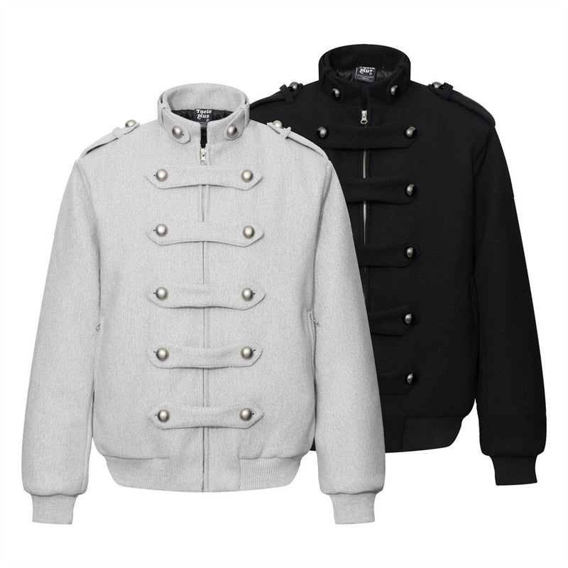 Men's Military-Style Stand Collar Padded Jacket with Double-Breasted Button