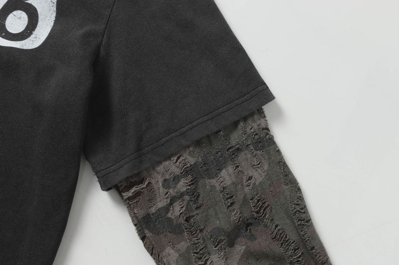 T-shirt manches longues à manches camouflage usées, effet deux pièces – Streetwear noir délavé