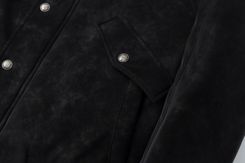 Fur Collar Bomber Jacket – Black Suede-Texture Padded Outerwear