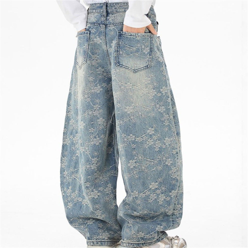 Loose Fit Wide-Leg Jeans – Floral Lace Embroidery, Washed Light Blue Denim
