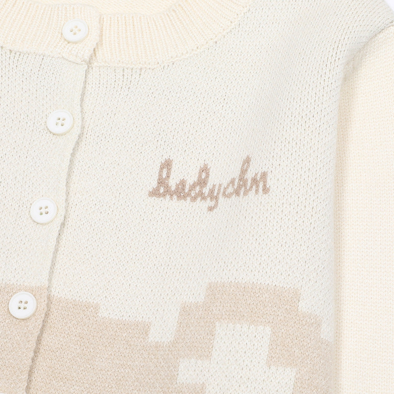 Pixel Bear Jacquard Knit Cardigan Sweater – Round Neck Button-Front