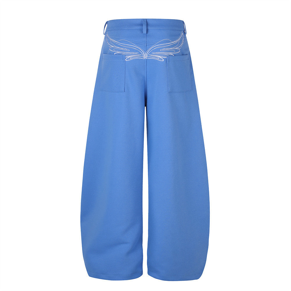 Wide-Leg Barrel Pants – Oversized Fit with Embroidered Pockets & Crossover