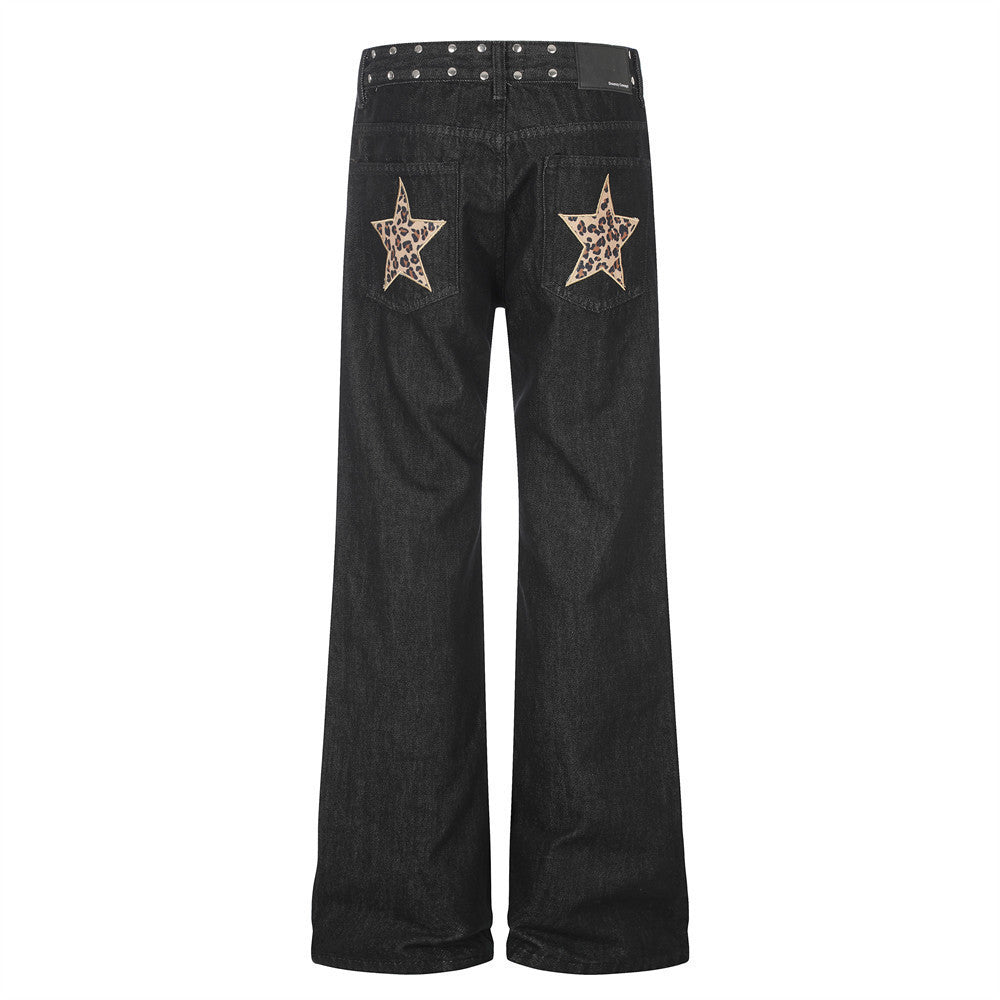 Jean bootcut noir pour homme avec rivets latéraux et patchs arrière étoile léopard