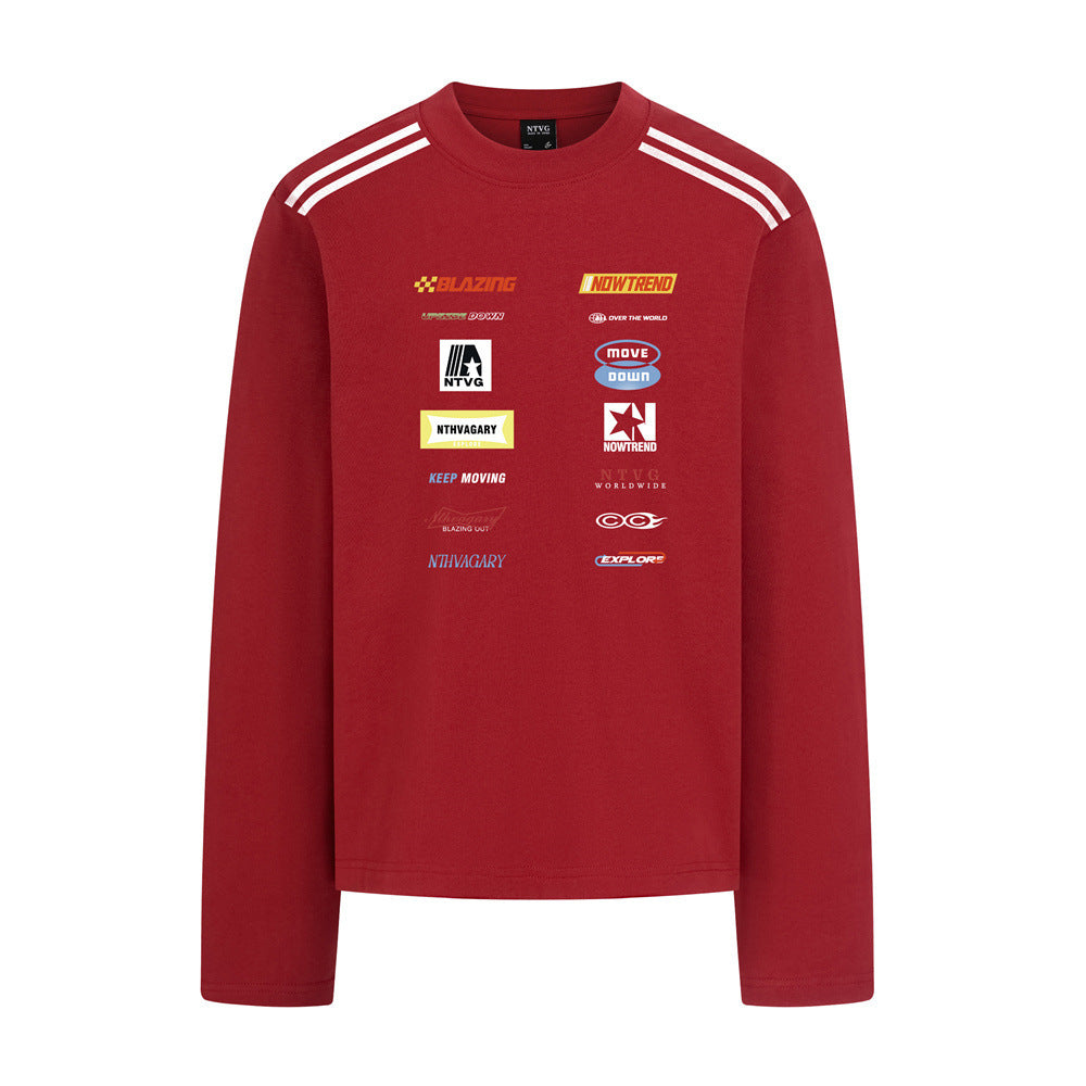 Racing Logo Print Long Sleeve T-Shirt – Relaxed Fit Crewneck with Stripe