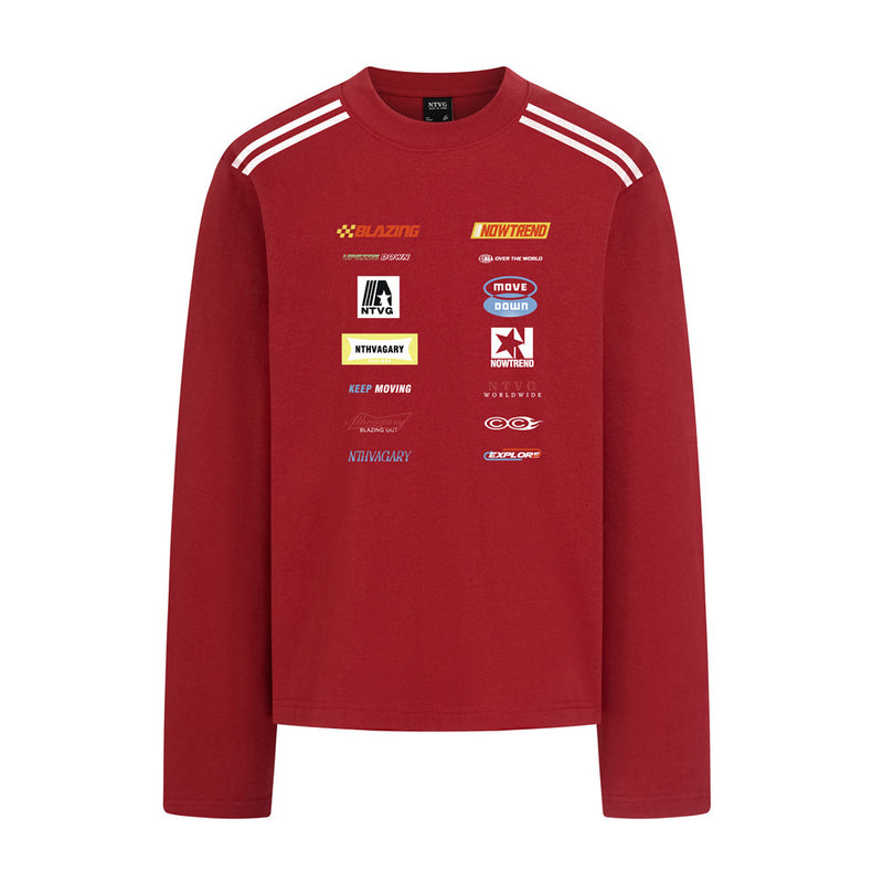 Racing Logo Print Long Sleeve T-Shirt – Relaxed Fit Crewneck with Stripe