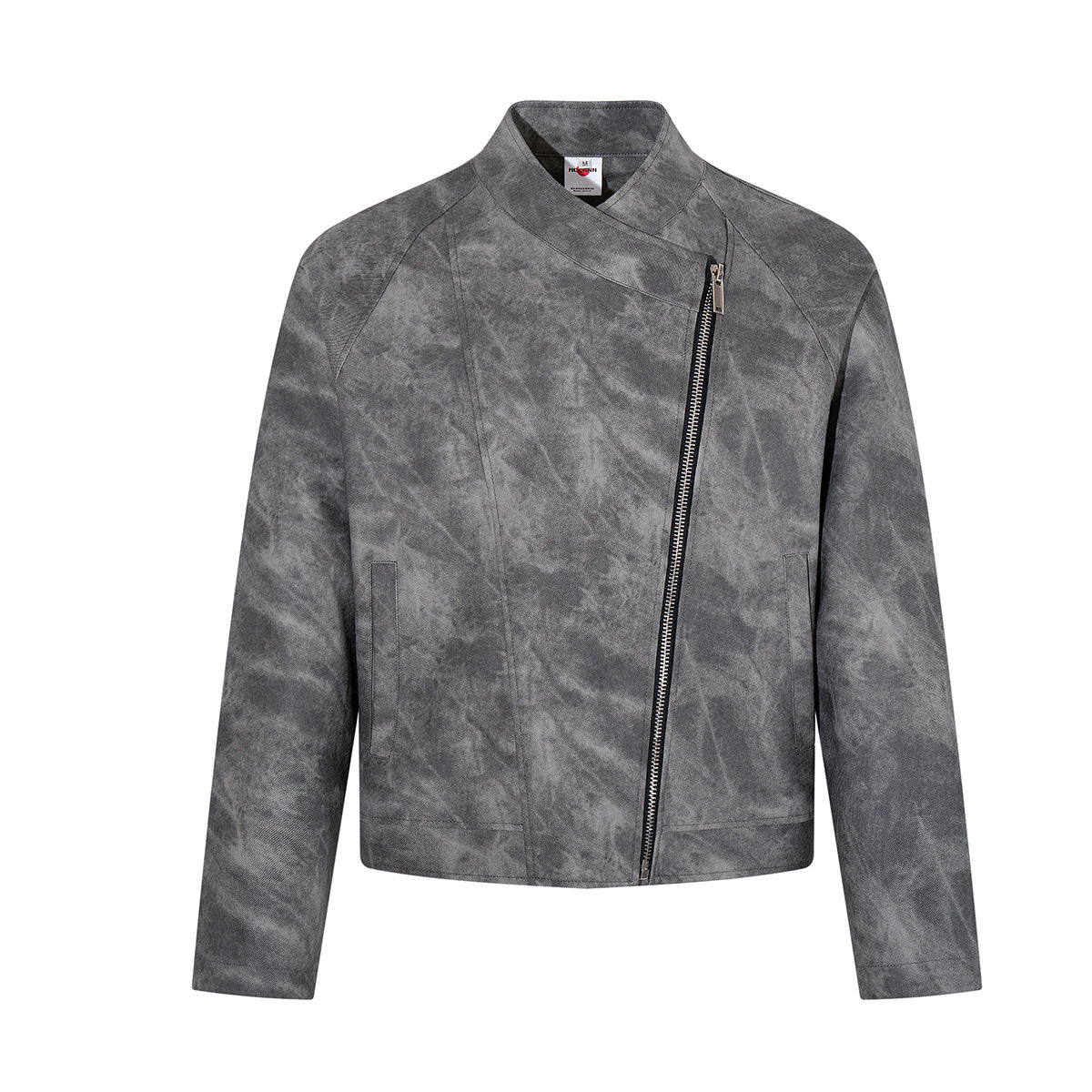 Distressed Grey Moto Jacket – Asymmetric Zip, Relaxed Fit