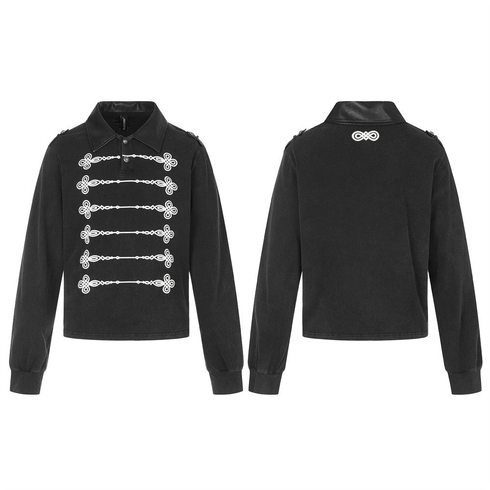 Men's Cropped Military-Style Long Sleeve Polo Shirt with Braided Trim – Black