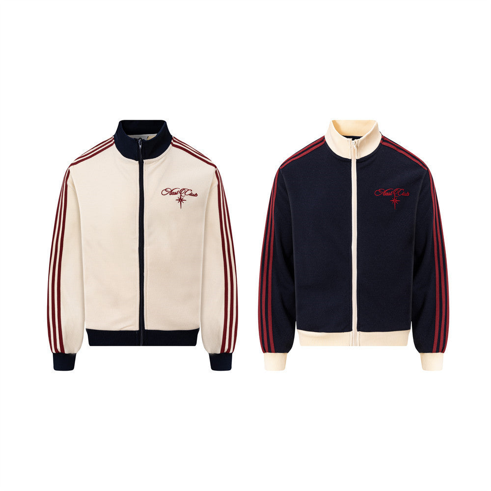 Veste de survêtement homme en maille gaufrée, manches à rayures et logo brodé