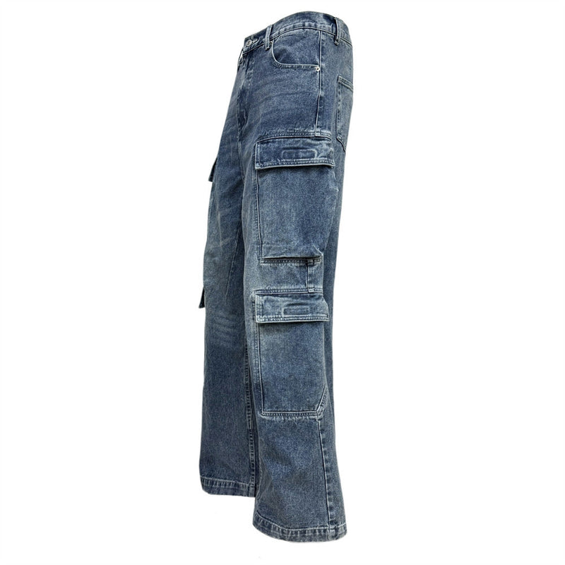 Multi-Pocket Cargo Denim Jeans – Wide Leg Straight Fit, Washed Blue