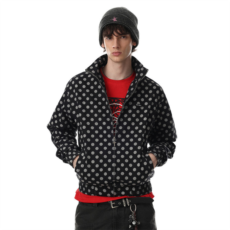 Men's Polka Dot Denim Track Jacket – Stand Collar Full-Zip Retro Streetwear