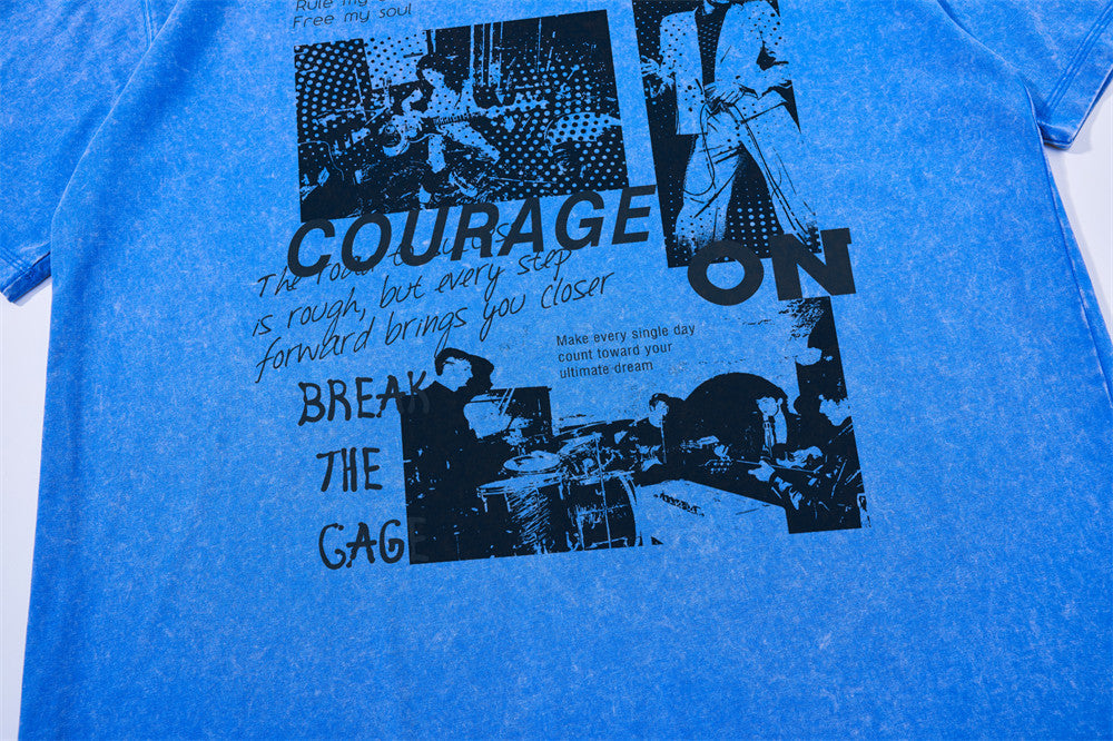 Oversized Graphic Tee – Vintage Washed Music Collage Print, Crew Neck Short