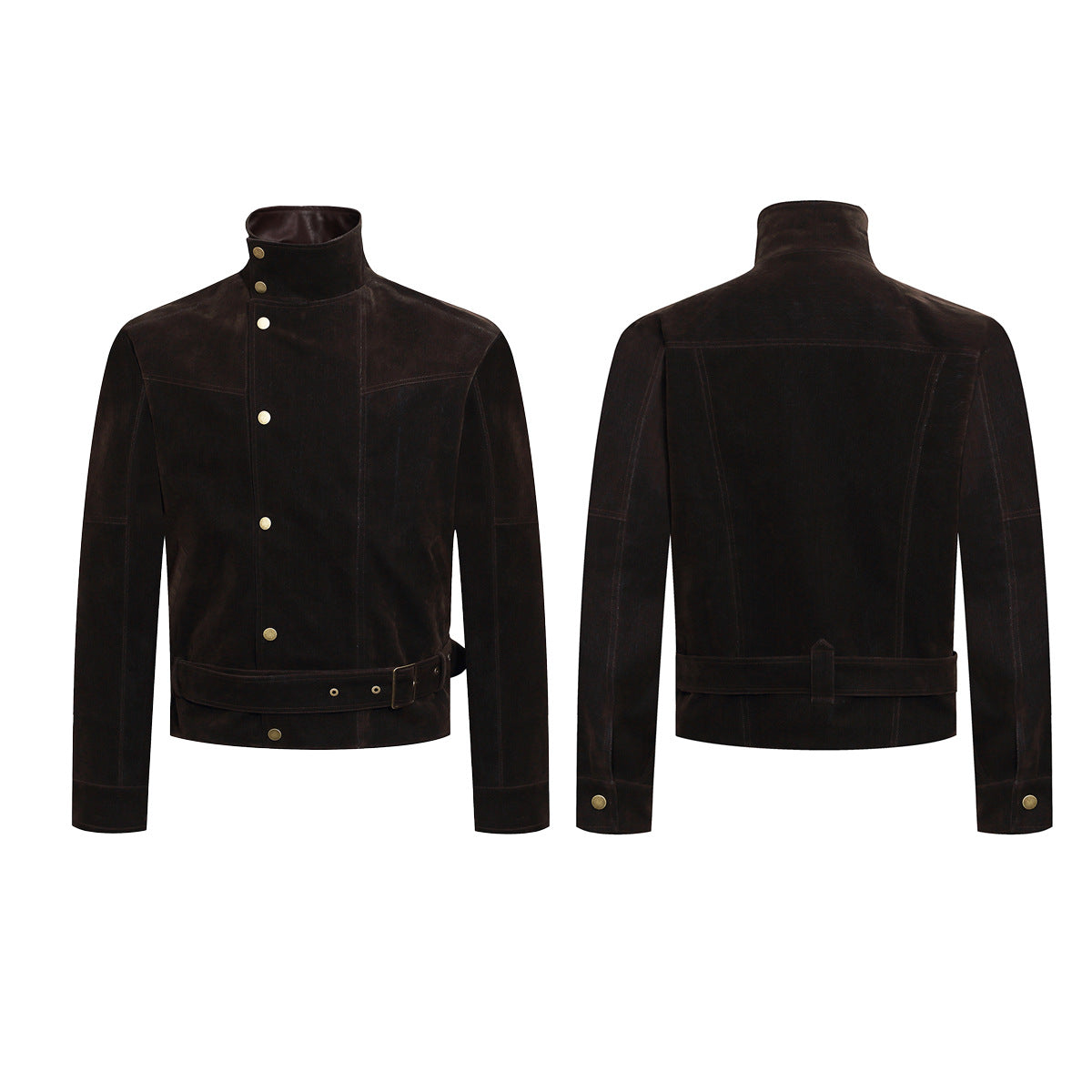 Dark Brown Suede Moto Jacket – Snap Button Stand Collar Belted Harrington