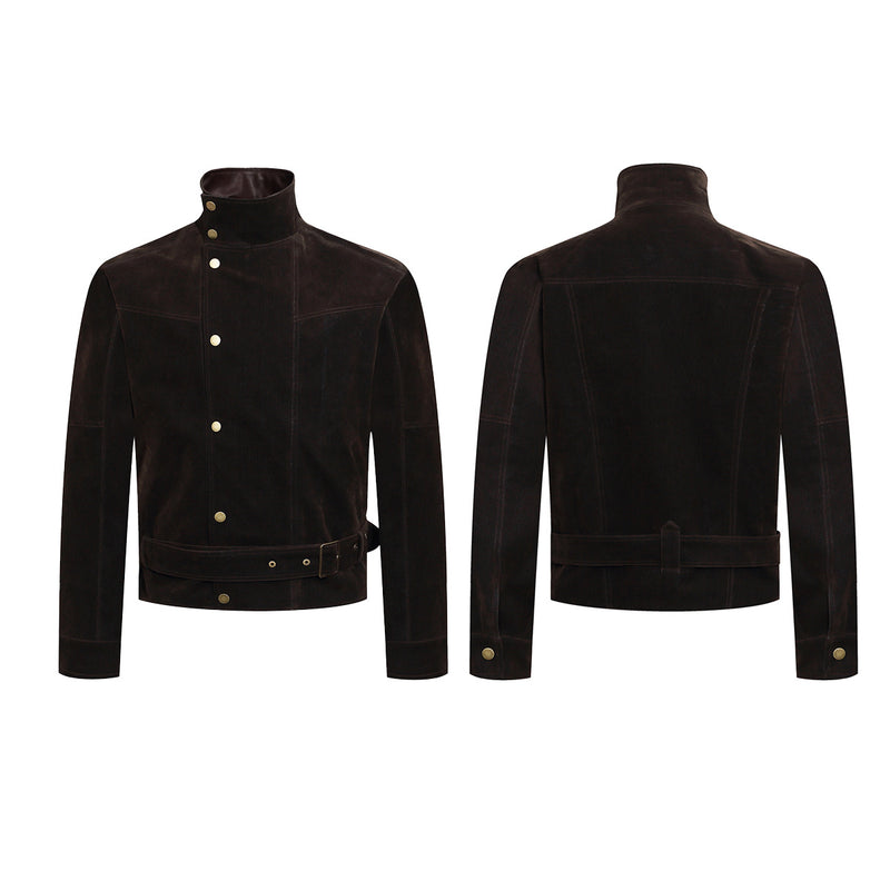 Dark Brown Suede Moto Jacket – Snap Button Stand Collar Belted Harrington