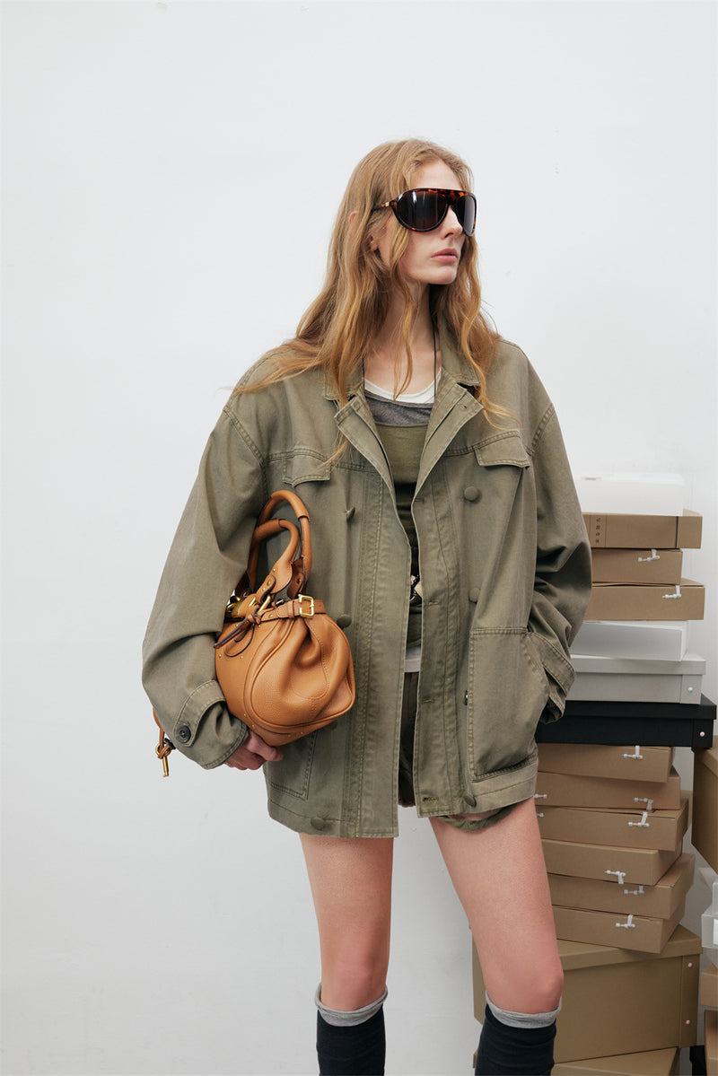 Oversized Workwear Jacket – Men's Olive Double-Breasted Utility Coat