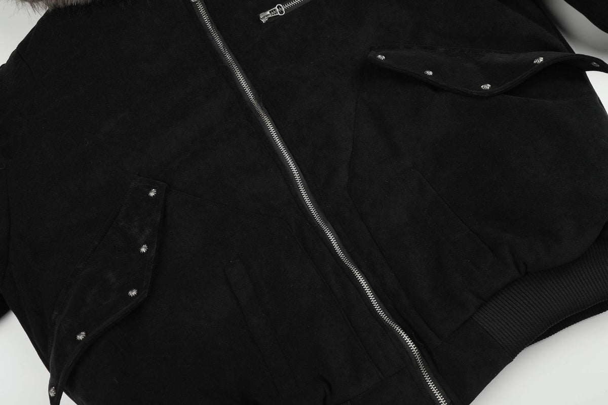 Fur-Trim Hooded Bomber Jacket – Padded Black Flight Jacket with Faux Fur Hood