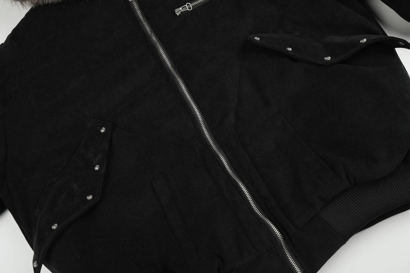 Fur-Trim Hooded Bomber Jacket – Padded Black Flight Jacket with Faux Fur Hood