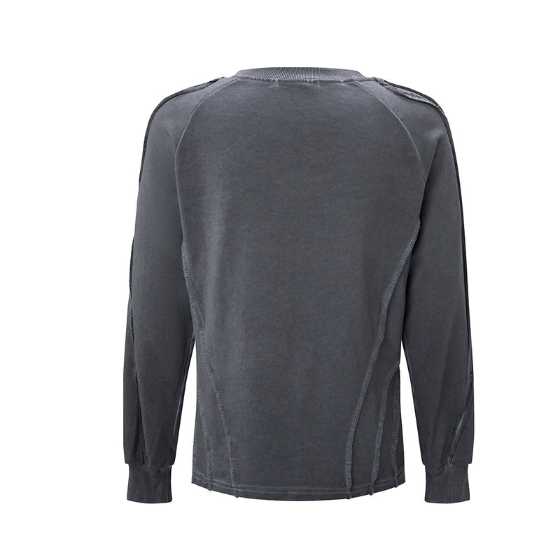 Verwaschenes Vintage-Sweatshirt mit geprägtem Drachen, Langarm – Raw-Edge-Moto-Crewneck