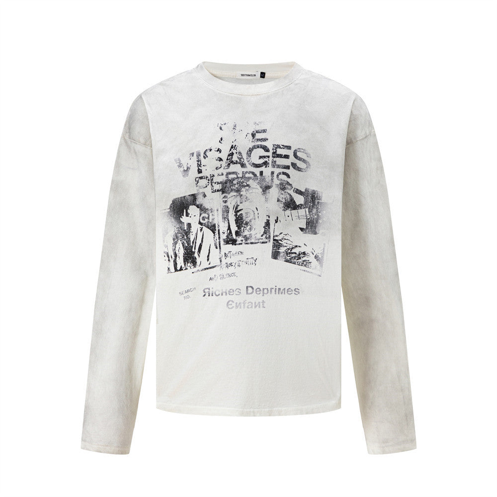 Long Sleeve Graphic Tee – Vintage American Distressed Print Crew Neck T-Shirt