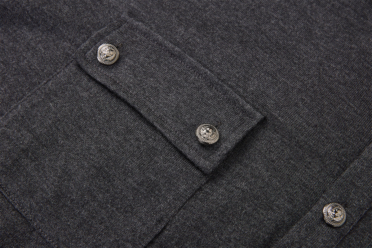 Men's Military-Style Henley Long Sleeve Shirt with Chest Pockets & Epaulettes