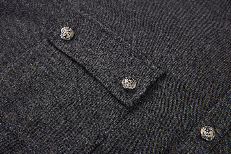 Men's Military-Style Henley Long Sleeve Shirt with Chest Pockets & Epaulettes