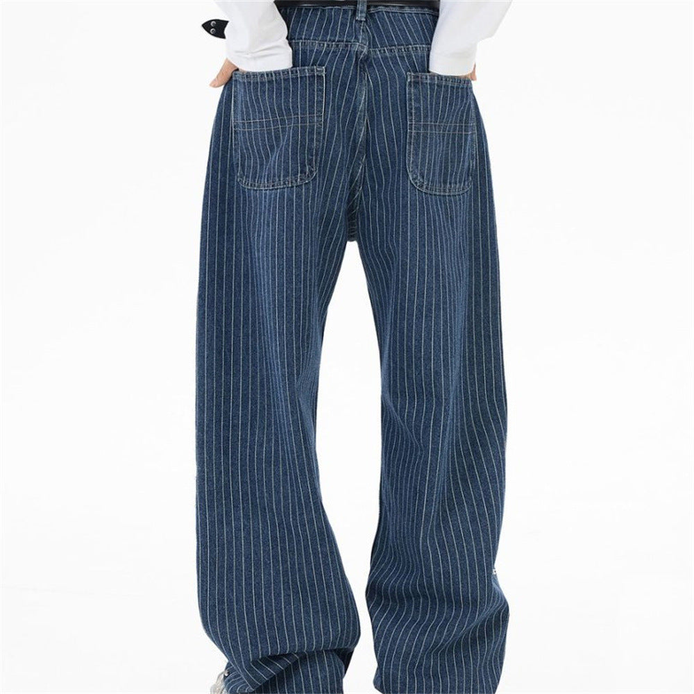 Men's Blue and White Striped Pants Wide-Leg Jeans with Rivet Side Detail