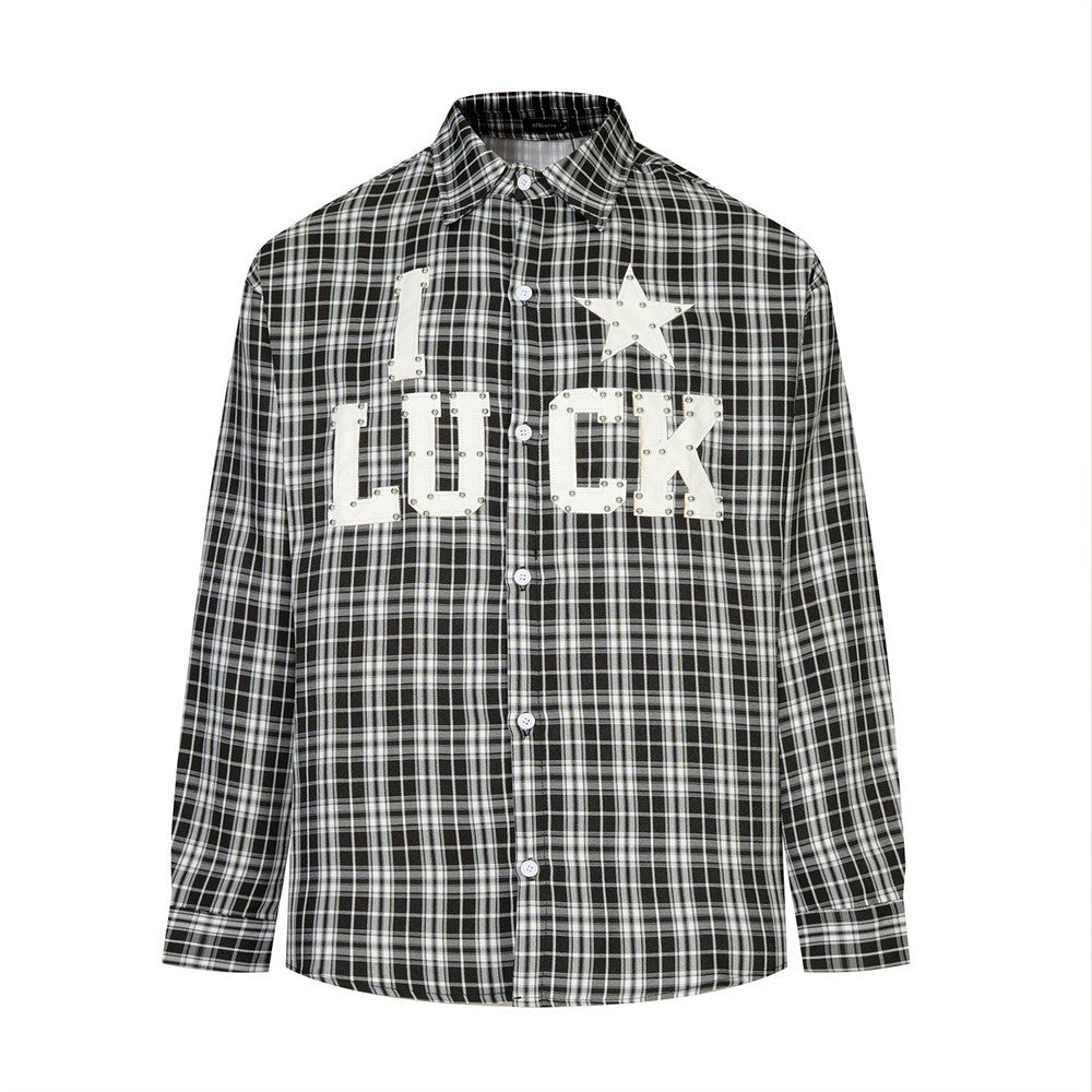 Men's Plaid Long Sleeve Shirt with LUCK Star Letter Patch