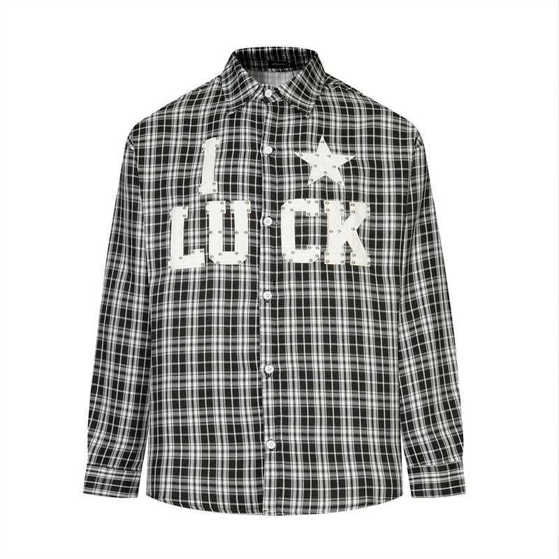 Men's Plaid Long Sleeve Shirt with LUCK Star Letter Patch