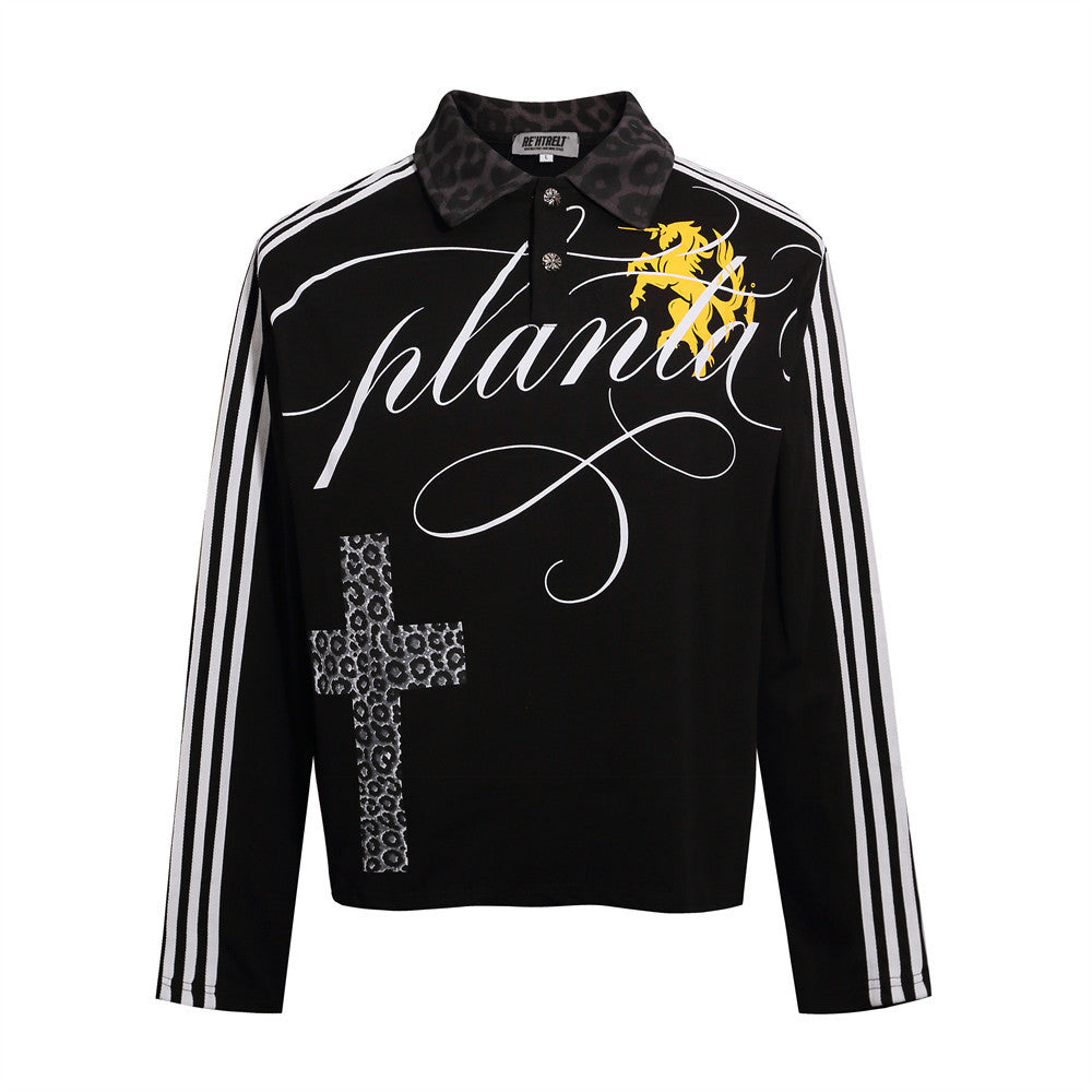 Men's Hip-Hop Polo Long Sleeve Shirt with Leopard Cross & Script Print