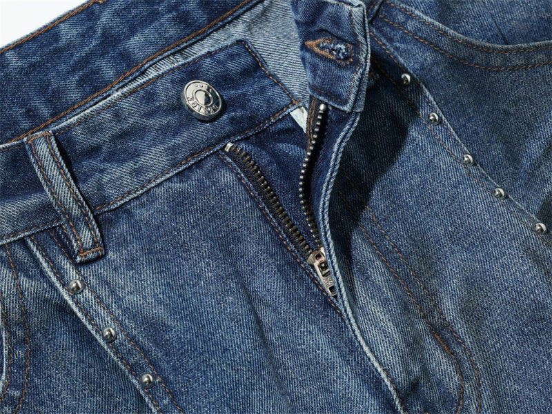 Straight Leg Jeans Mens Wide-Leg Punk Washed Denim with Rivet Pocket Detail