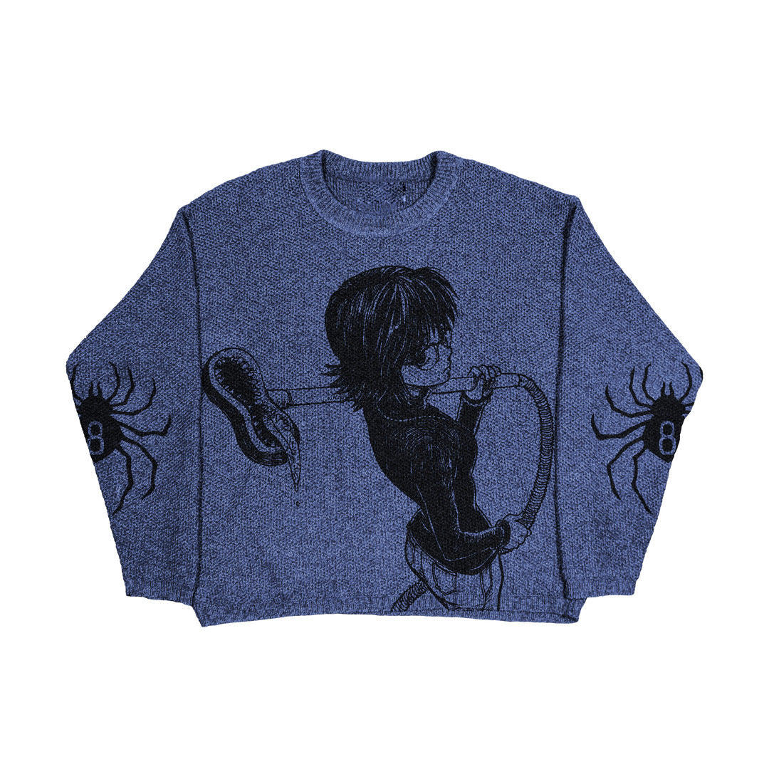 The Premium Hunter x Hunter-Inspired Knit Sweater by Hunter × Hunter features a Shizuku Nen Chain Jacquard design, with black graphics of a person handling a snake and sleeves adorned with spider illustrations marked &quot;8,&quot; inspired by Shizuku Murasaki&