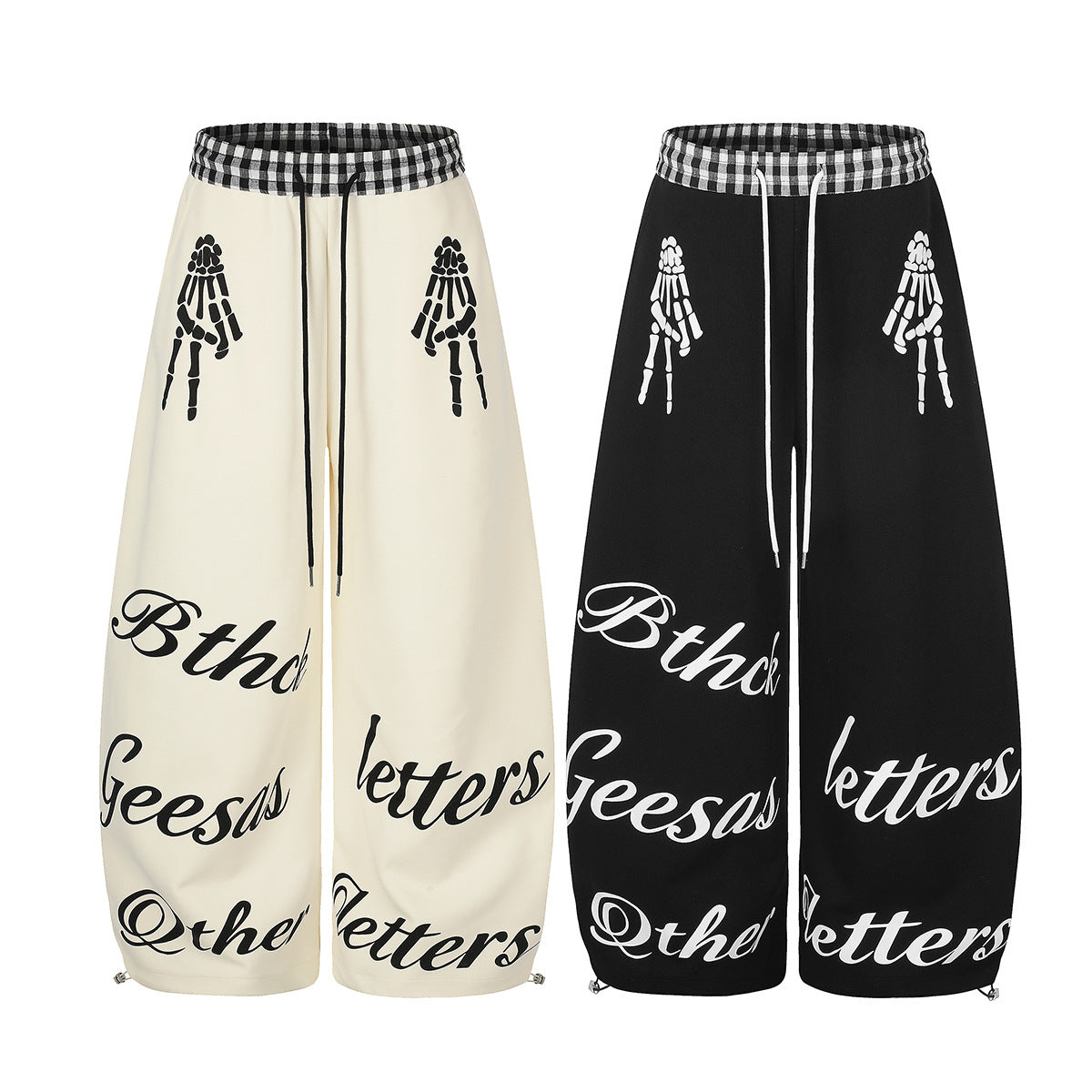 Pantalon de survêtement à jambes larges, imprimé main squelette et taille vichy