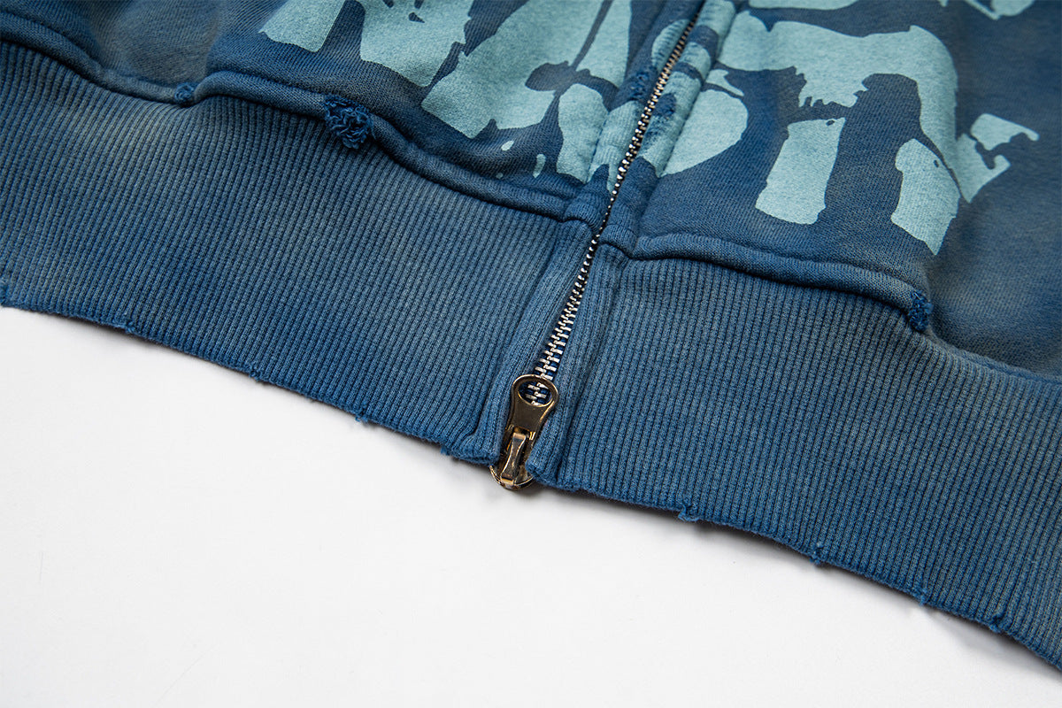 Hoodie zippé Drop Nasty délavé – Streetwear oversize à imprimé graffiti