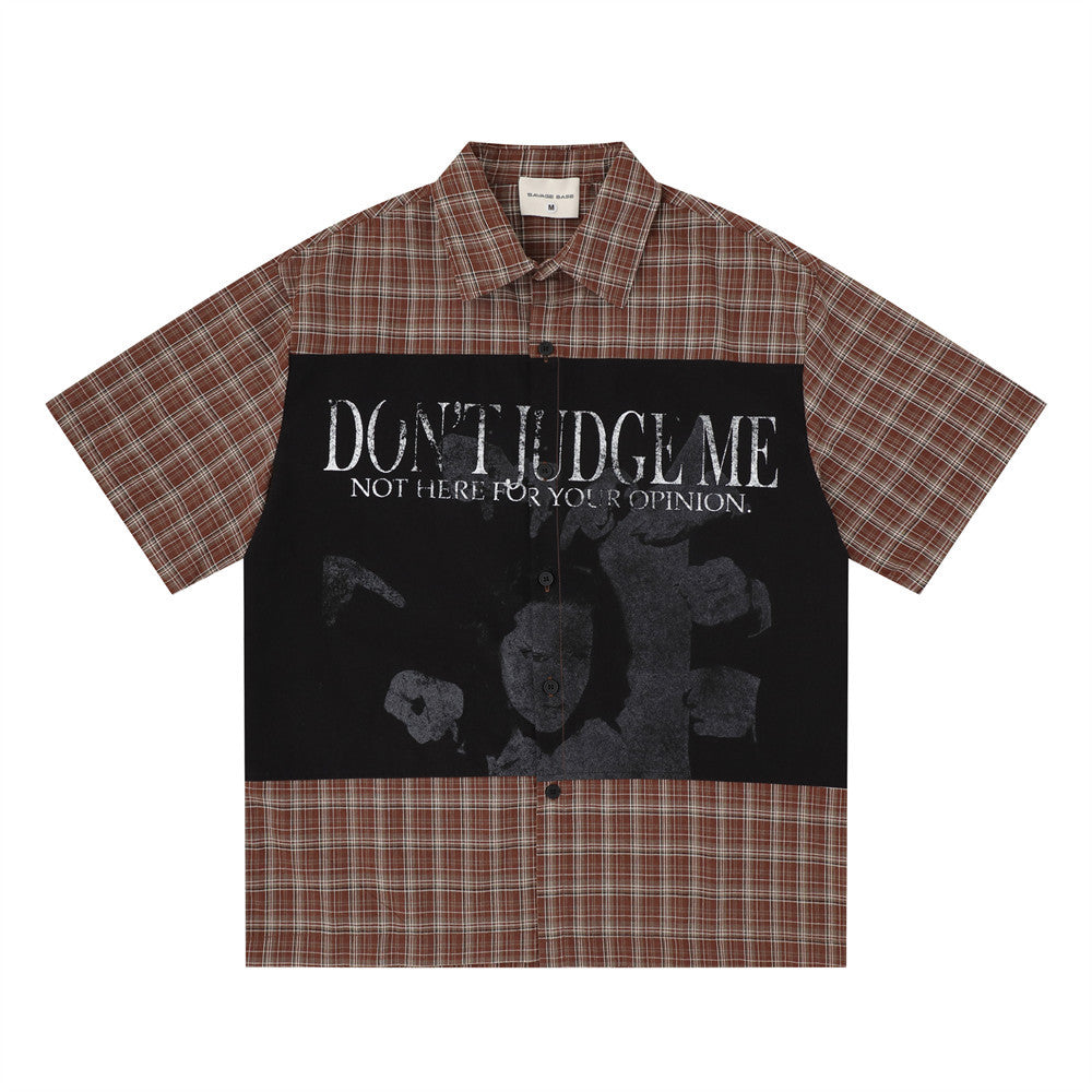 Don't Judge Me patchwork graphic plaid short sleeve shirt in brown and black streetwear style