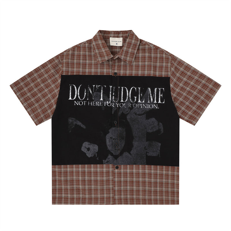 Don't Judge Me patchwork graphic plaid short sleeve shirt in brown and black streetwear style