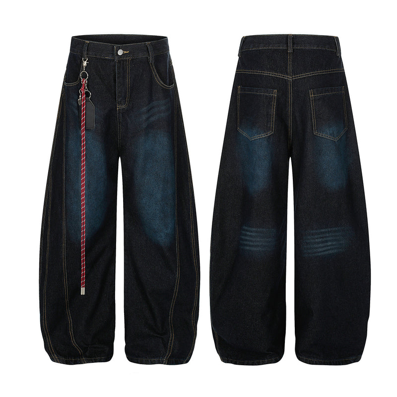 Jeans barrel à jambes larges – Délavage foncé, style américain vintage et détail porte-clés