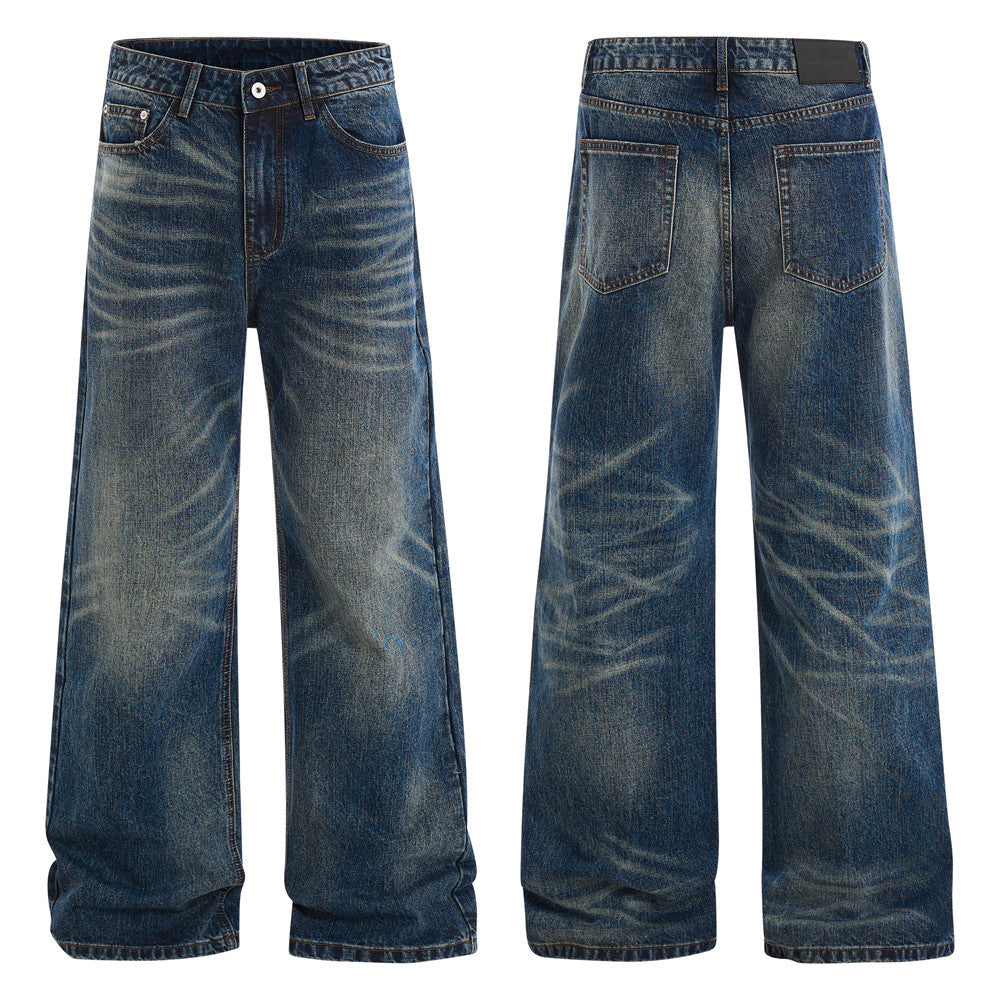Wide-Leg Washed Distressed Jeans – Men's Vintage American Streetwear