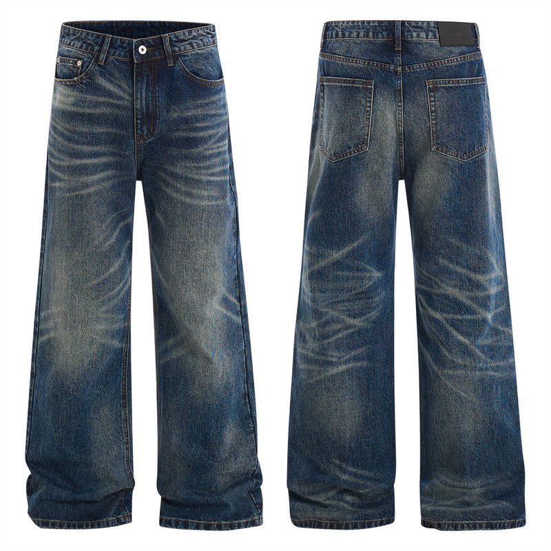 Wide-Leg Washed Distressed Jeans – Men's Vintage American Streetwear