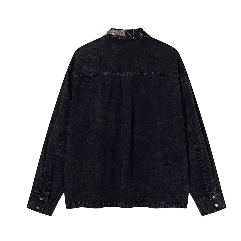 Washed Denim Shirt Jacket with Patchwork Pocket & Embroidered Collar