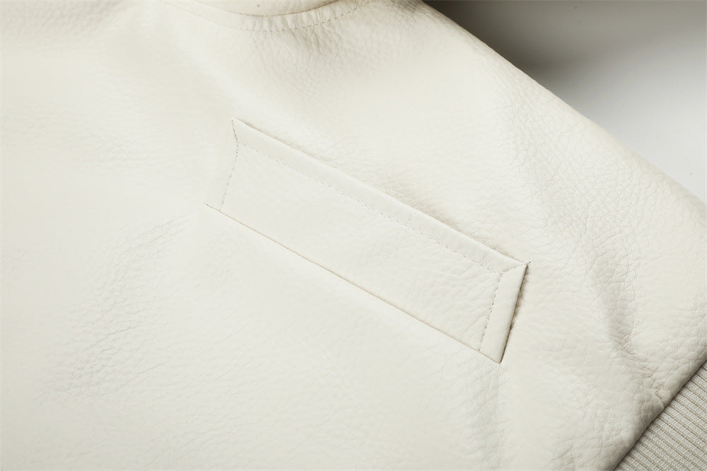 PU Leather Bomber Jacket with Faux Fur Collar & Buckle Strap Stand Neck