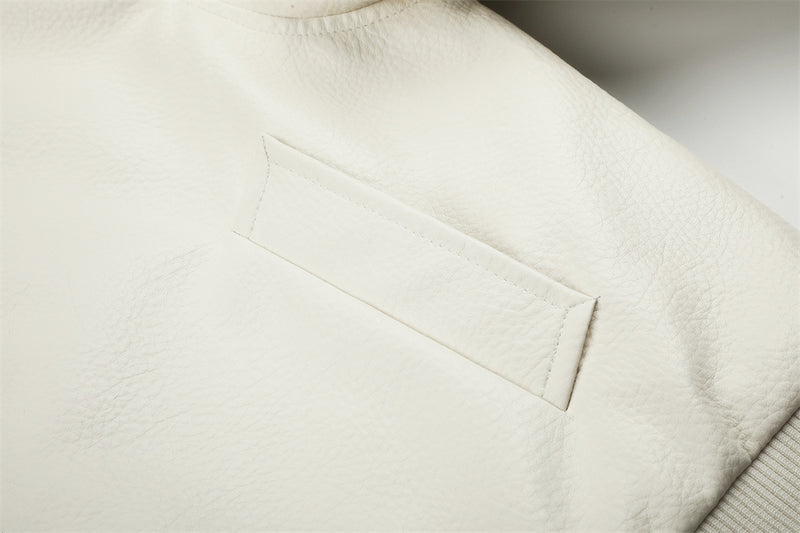 PU Leather Bomber Jacket with Faux Fur Collar & Buckle Strap Stand Neck