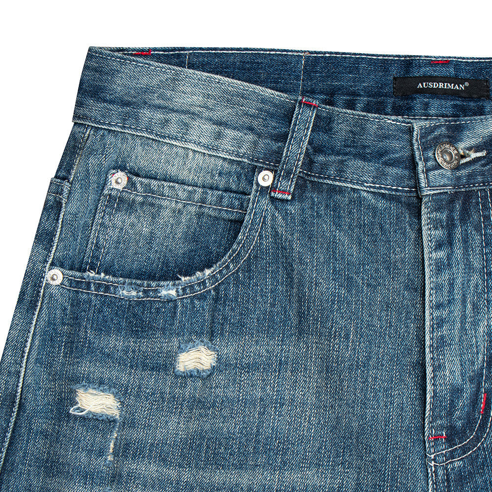 Wide-Leg Distressed Jeans – Men's Washed Blue Baggy Straight Denim